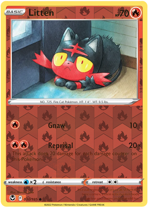 Litten 030, Silver Tempest Base, Reverse Holo, representative matte composite