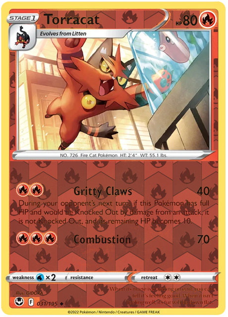 Torracat 031, Silver Tempest Base, Reverse Holo, representative matte composite