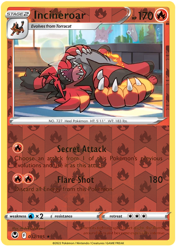 Incineroar 032, Silver Tempest Base, Reverse Holo, representative matte composite