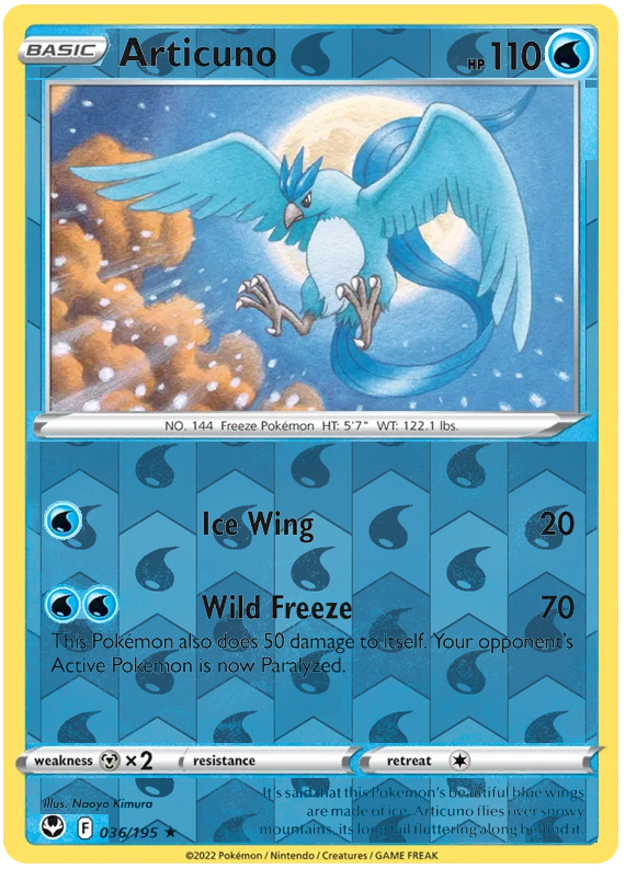Articuno 036, Silver Tempest Base, Reverse Holo, representative matte composite