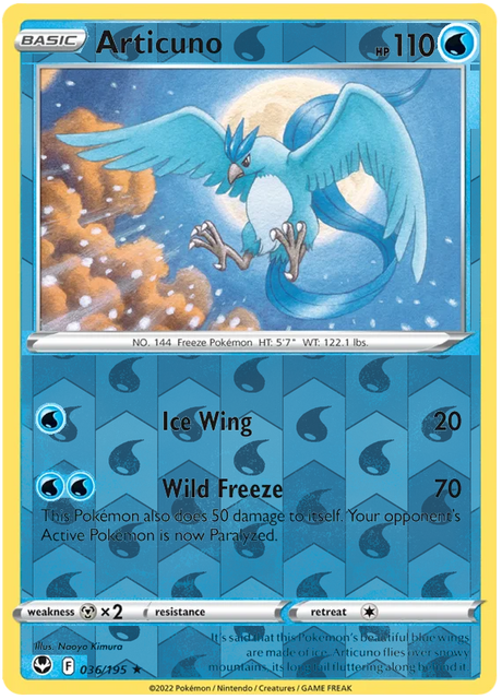 Articuno 036, Silver Tempest Base, Reverse Holo, representative matte composite