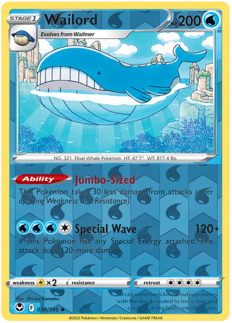 Wailord 038, Silver Tempest Base, Reverse Holo, representative matte composite