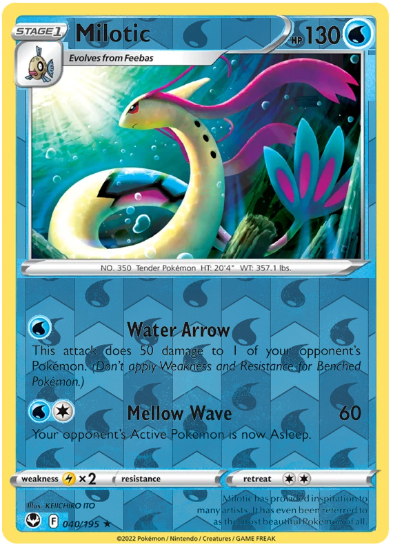 Milotic 040, Silver Tempest Base, Reverse Holo, representative matte composite