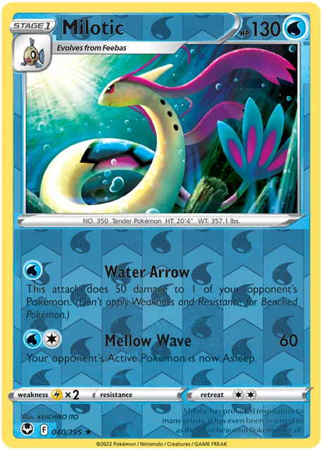 Milotic 040, Silver Tempest Base, Reverse Holo, representative matte composite