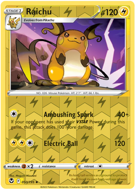 Raichu 050, Silver Tempest Base, Reverse Holo, representative matte composite