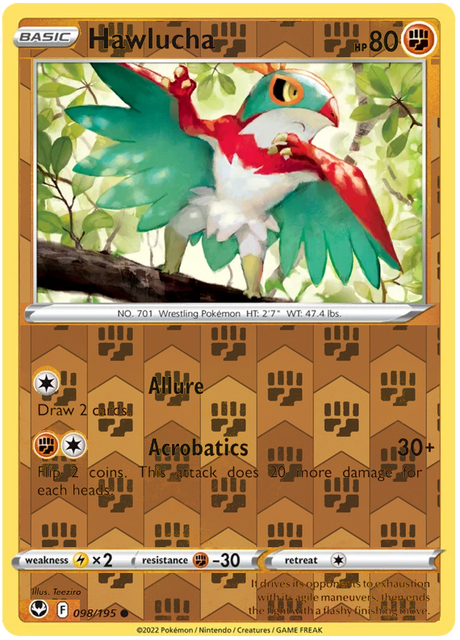 Hawlucha 098, Silver Tempest Base, Reverse Holo, representative matte composite