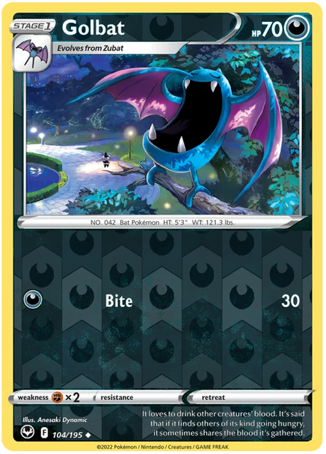 Golbat 104, Silver Tempest Base, Reverse Holo, representative matte composite