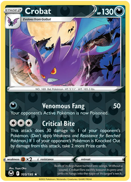 Crobat 105, Silver Tempest Base, Reverse Holo, representative matte composite
