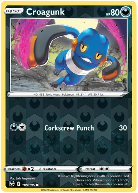 Croagunk 109, Silver Tempest Base, Reverse Holo, representative matte composite