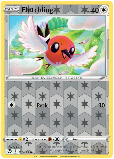 Fletchling 150, Silver Tempest Base, Reverse Holo, representative matte composite