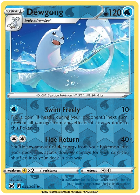 Dewgong 034, Lost Origin Base Singles, Reverse Holo, representative matte composite