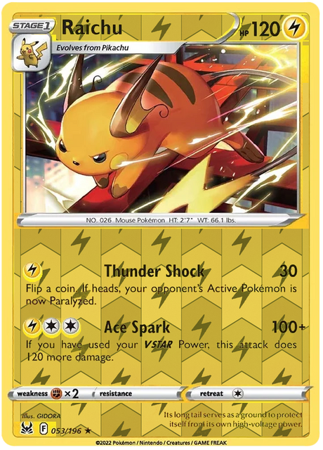 Raichu 053, Lost Origin Base Singles, Reverse Holo, representative matte composite