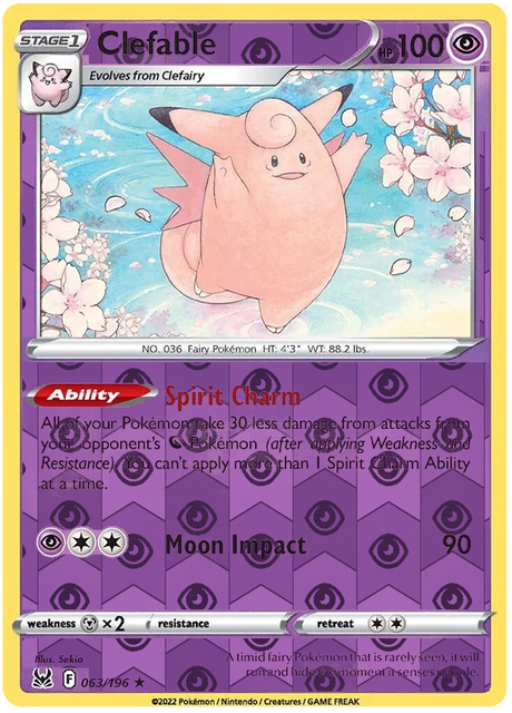 Clefable 063, Lost Origin Base Singles, Reverse Holo, representative matte composite