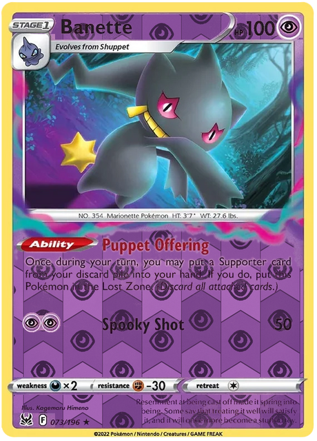 Banette 073, Lost Origin Base Singles, Reverse Holo, representative matte composite