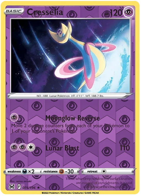 Cresselia 074, Lost Origin Base Singles, Reverse Holo, representative matte composite