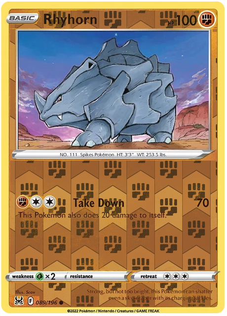 Rhyhorn 089, Lost Origin Base Singles, Reverse Holo, representative matte composite