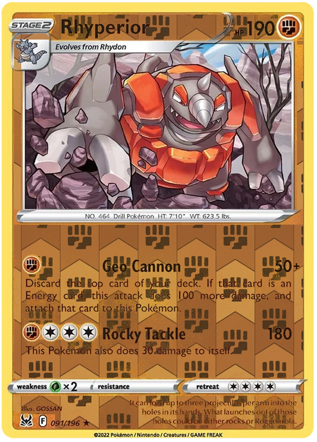 Rhyperior 091, Lost Origin Base Singles, Reverse Holo, representative matte composite