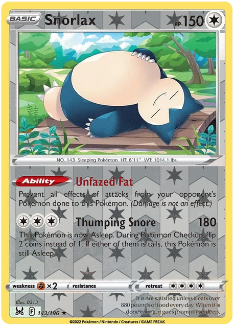 Snorlax 143, Lost Origin Base Singles, Reverse Holo, representative matte composite