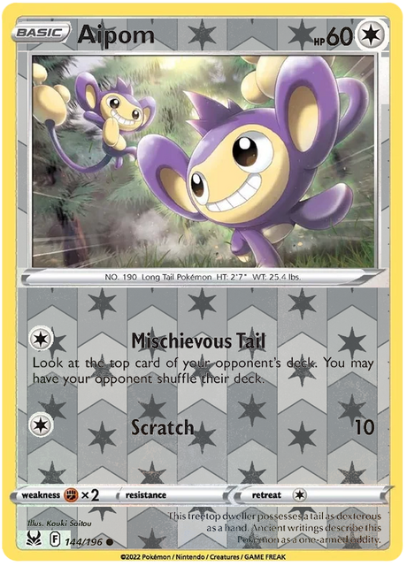Aipom 144, Lost Origin Base Singles, Reverse Holo, representative matte composite