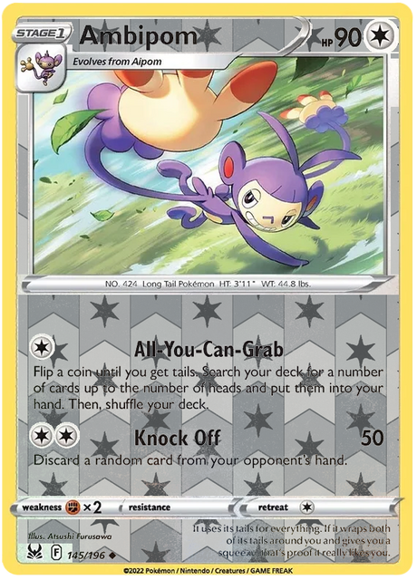 Ambipom 145, Lost Origin Base Singles, Reverse Holo, representative matte composite