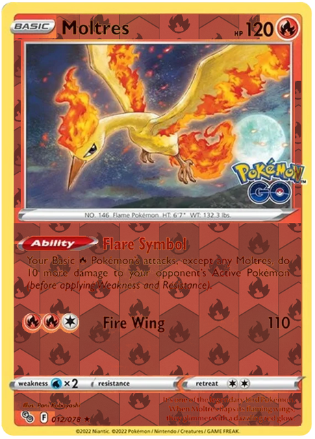 Moltres 012, Pokemon Go Singles, Reverse Holo, representative matte composite