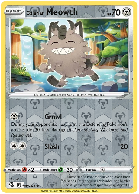 Galarian Meowth 180, Fusion Strike Singles, Reverse Holo, representative matte composite
