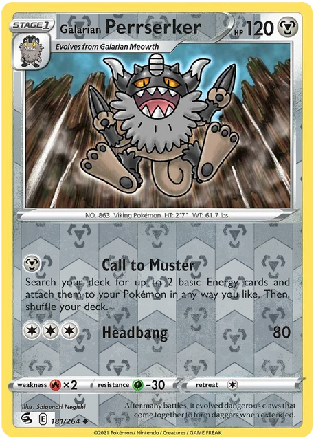 Galarian Perrserker 181, Fusion Strike Singles, Reverse Holo, representative matte composite