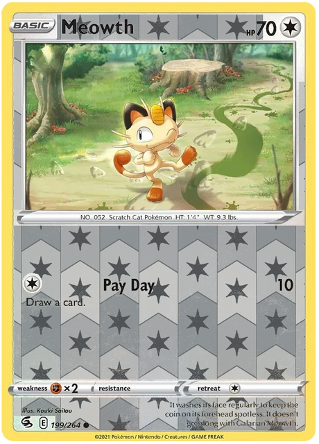 Meowth 199, Fusion Strike Singles, Reverse Holo, representative matte composite