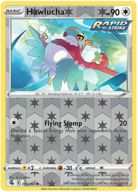 Hawlucha 216, Fusion Strike Singles, Reverse Holo, representative matte composite