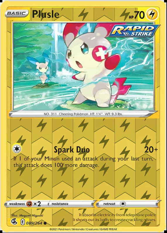 Plusle 089/264, Fusion Strike, Reverse Holo finish, representative matte composite