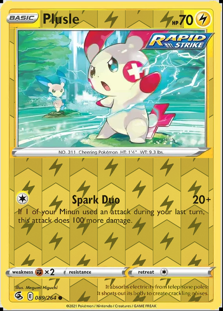Plusle 089/264, Fusion Strike, Reverse Holo finish, representative matte composite