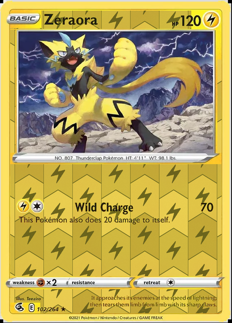 Zeraora 102/264, Fusion Strike, Reverse Holo finish, representative matte composite