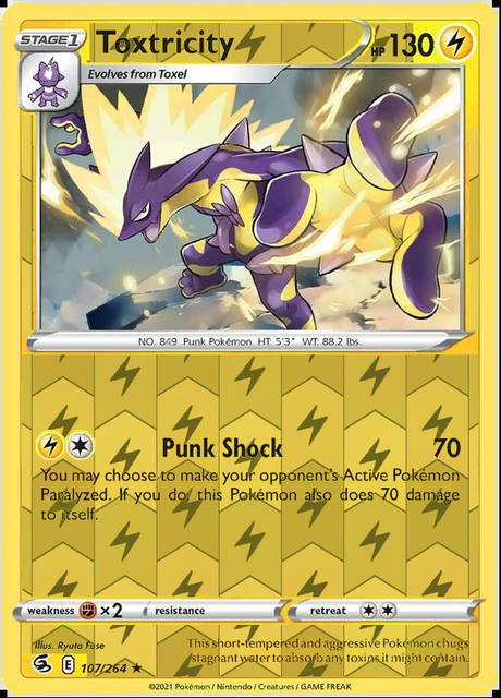 Toxtricity 107/264, Fusion Strike, Reverse Holo finish, representative matte composite