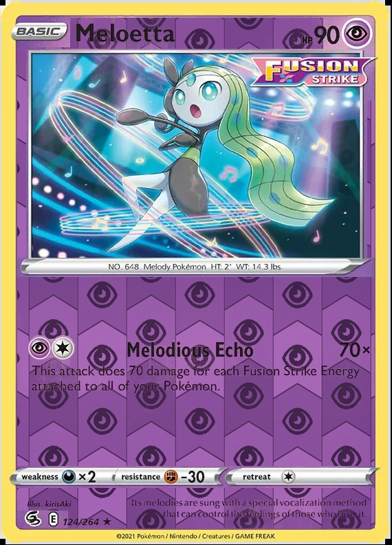 Meloetta 124/264, Fusion Strike, Reverse Holo finish, representative matte composite