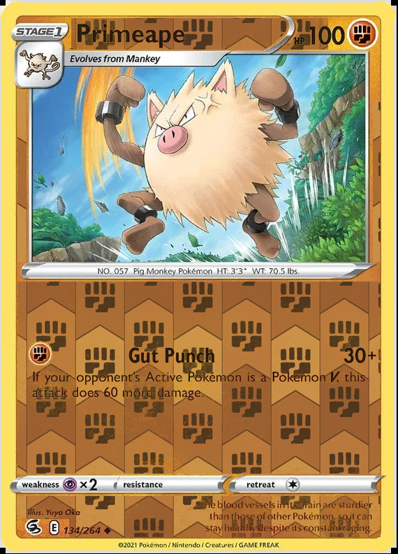 Primeape 134/264, Fusion Strike, Reverse Holo finish, representative matte composite