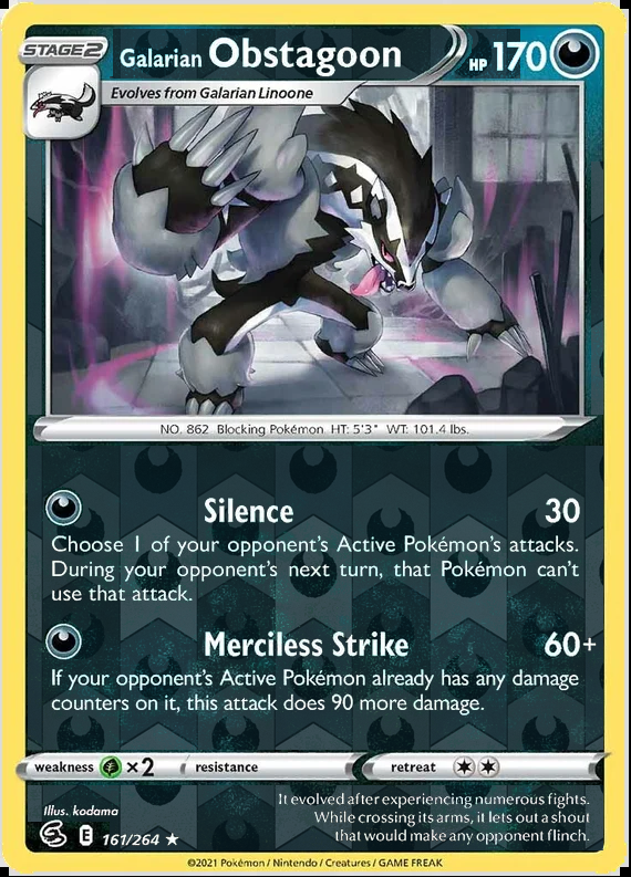 Galarian Obstagoon 161/264, Fusion Strike, Reverse Holo finish, representative matte composite