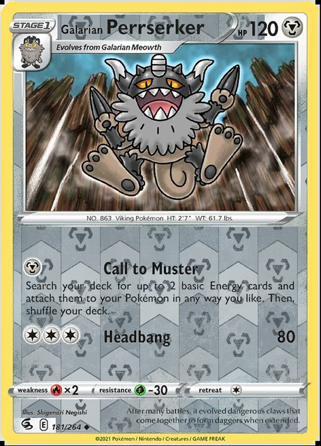Galarian Perrserker 181/264, Fusion Strike, Reverse Holo finish, representative matte composite