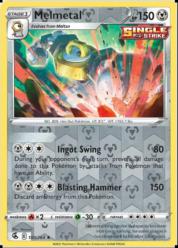 Melmetal 189/264, Fusion Strike, Reverse Holo finish, representative matte composite