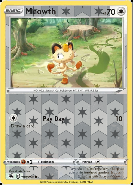 Meowth 199/264, Fusion Strike, Reverse Holo finish, representative matte composite