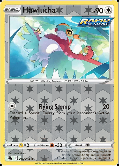 Hawlucha 216/264, Fusion Strike, Reverse Holo finish, representative matte composite