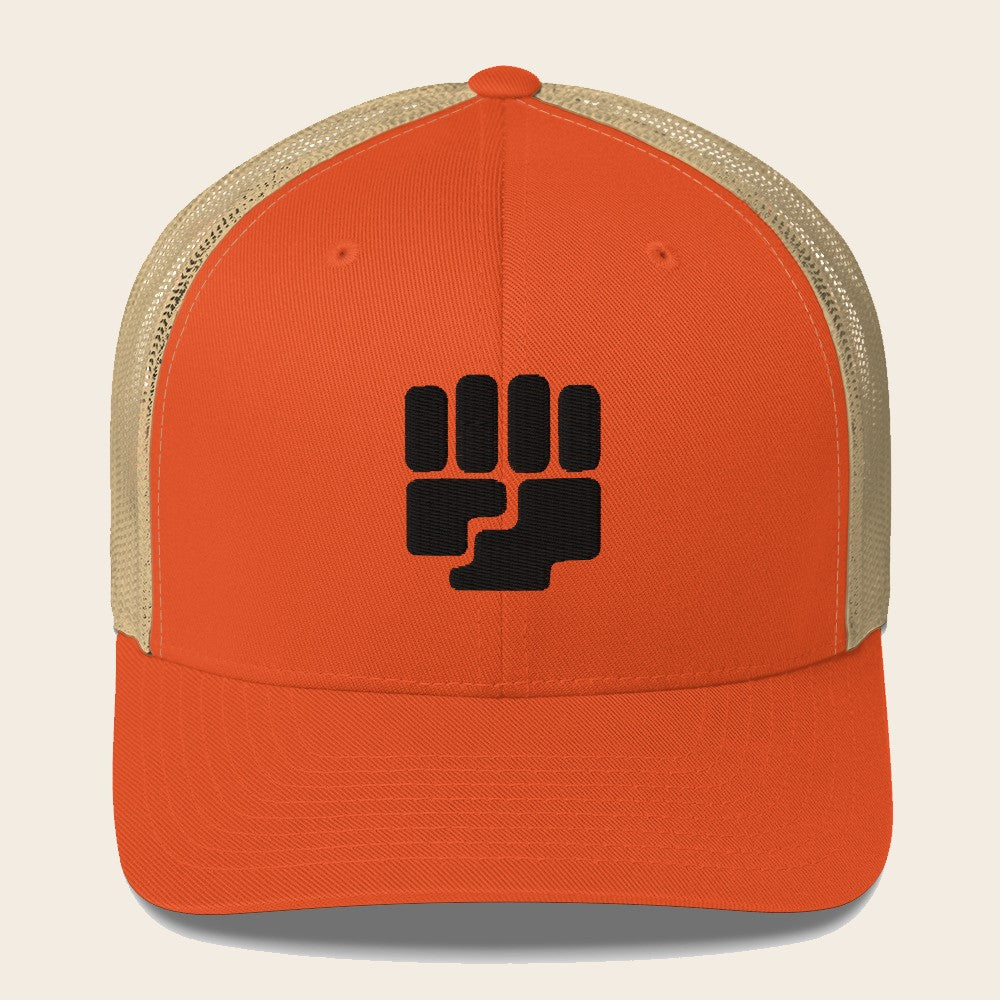 Fighting Type Pokemon 3D Embroidered Rustic Orange with Khaki Mesh Back Trucker Hat Front