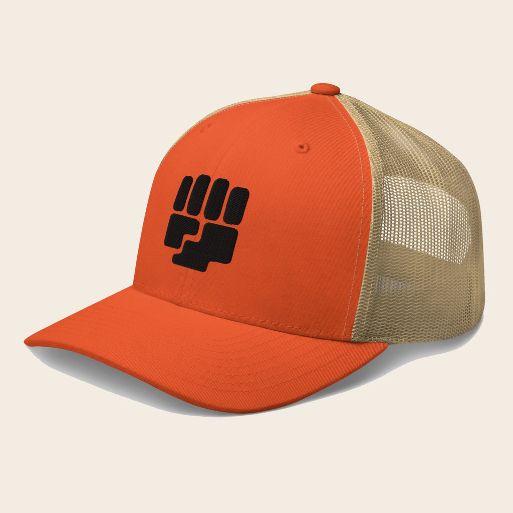 Fighting Type Pokemon 3D Embroidered Rustic Orange with Khaki Mesh Back Trucker Hat Front Left