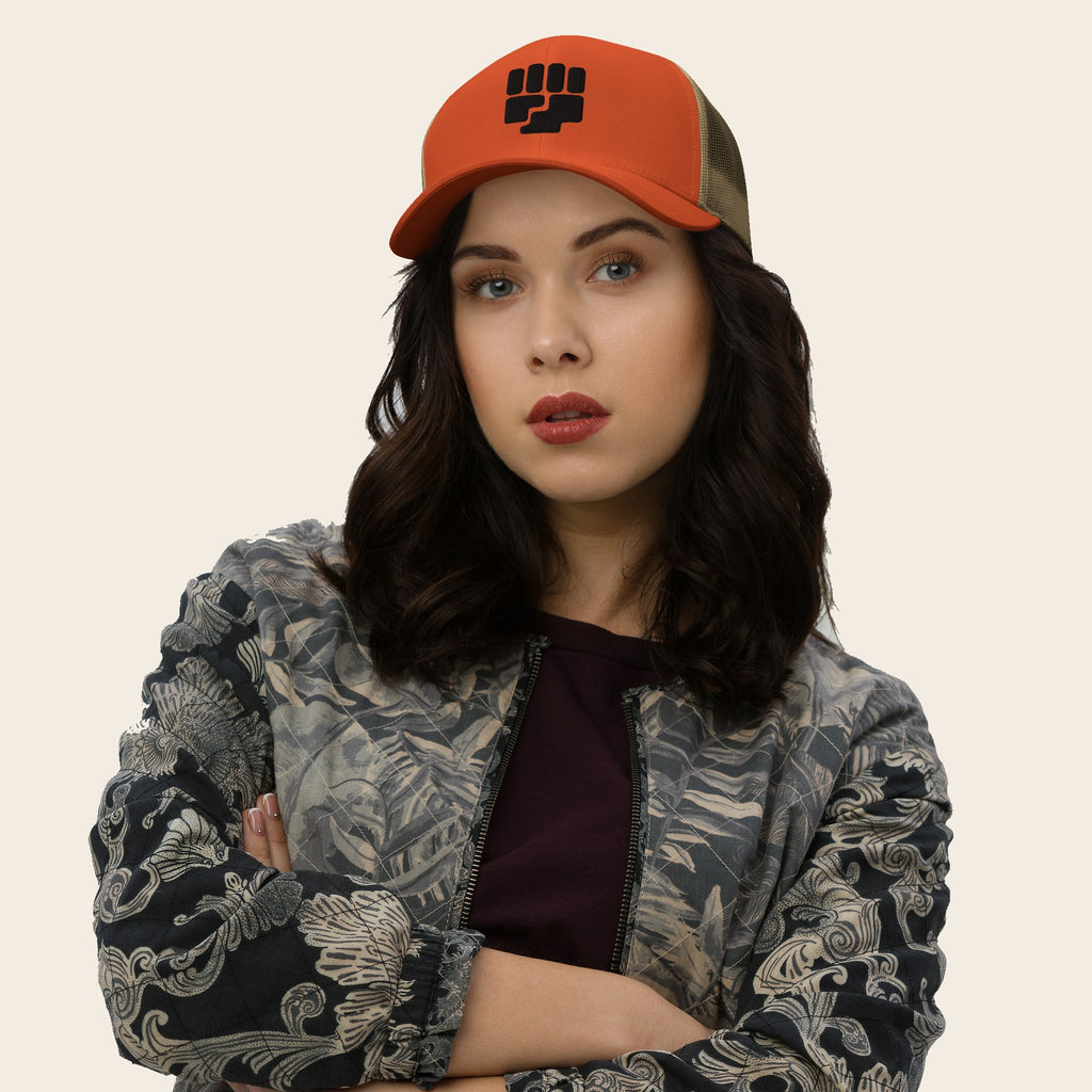 Fighting Type Pokemon 3D Embroidered Rustic Orange with Khaki Mesh Back Trucker Hat Modeled Woman