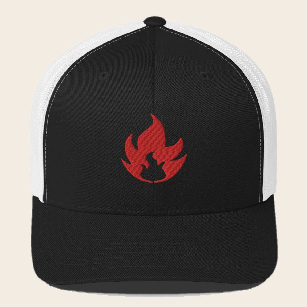 Fire Type Pokemon 3D Embroidered Black with White Mesh Back Trucker Hat Front