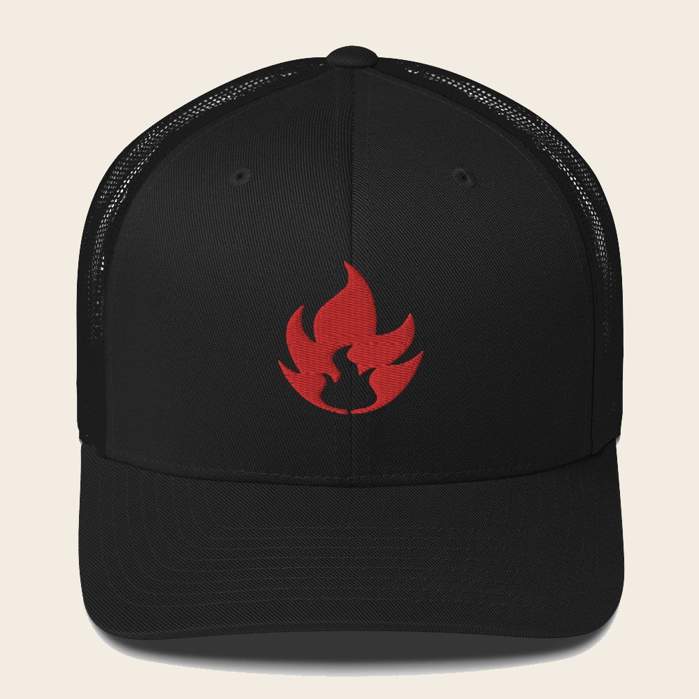 Fire Type Pokemon 3D Embroidered Black with Black Mesh Back Trucker Hat Front