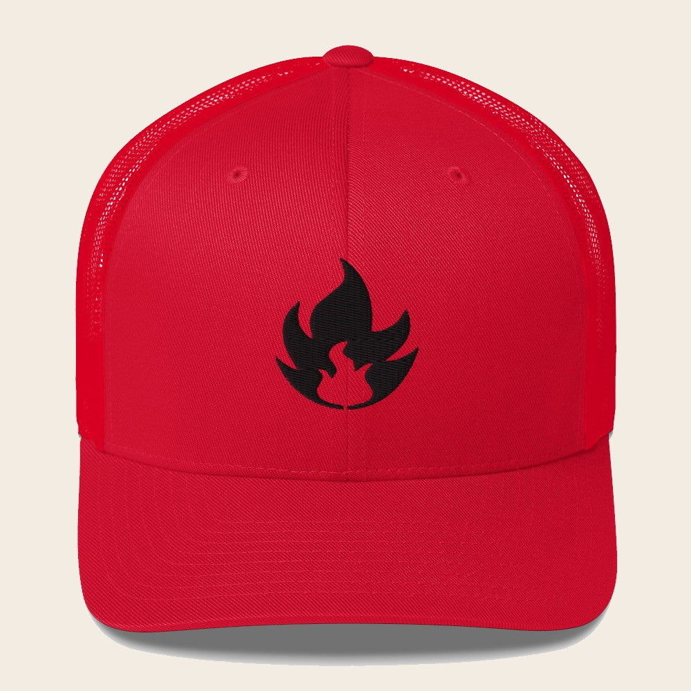 Fire Type Pokemon 3D Embroidered Red with Red Mesh Back Trucker Hat Front