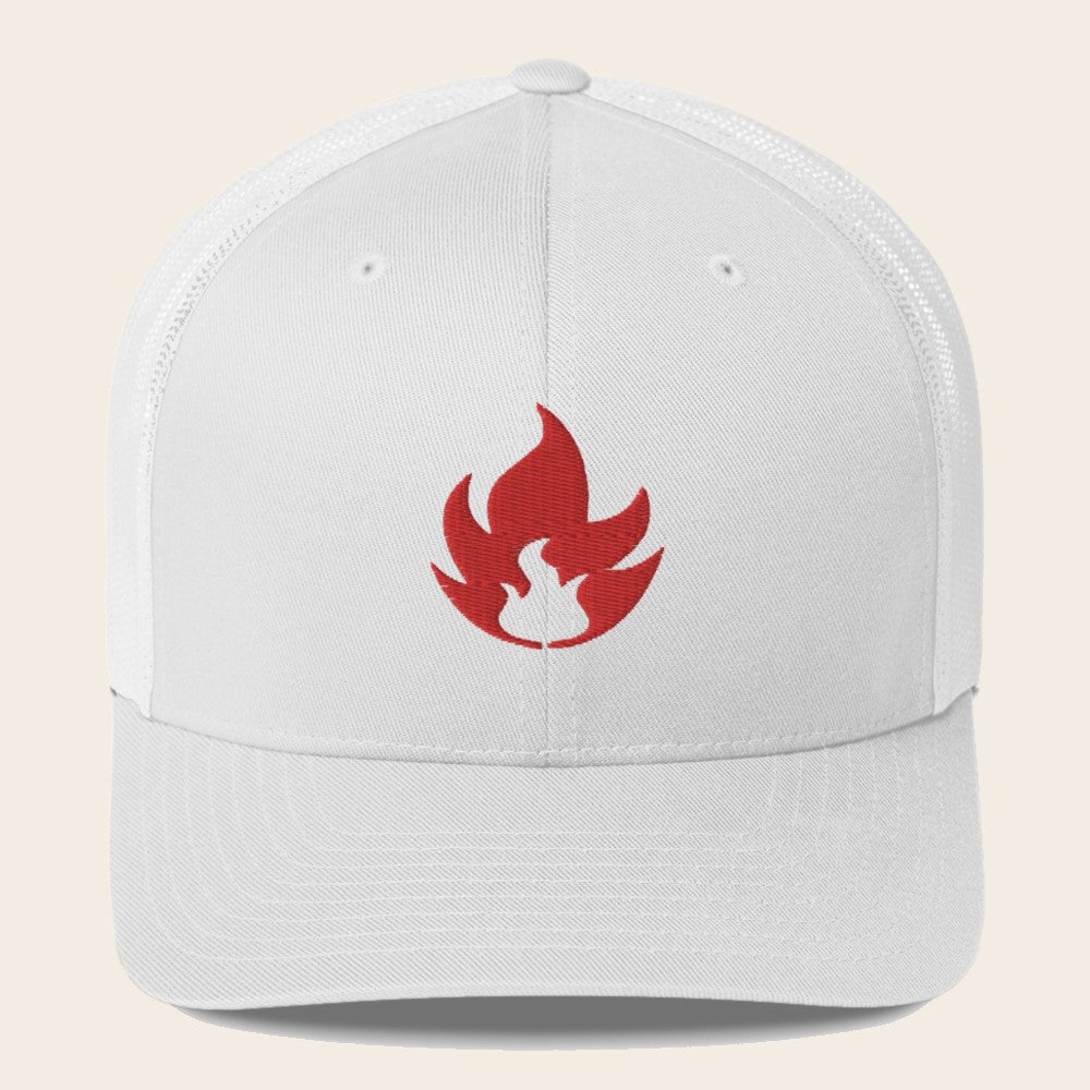Fire Type Pokemon 3D Embroidered White with White Mesh Back Trucker Hat Front