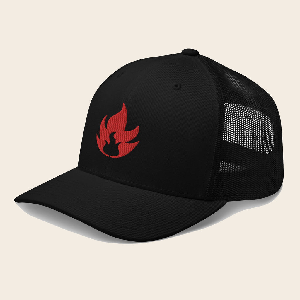 Fire Type Pokemon 3D Embroidered Black with Black Mesh Back Trucker Hat Front Left