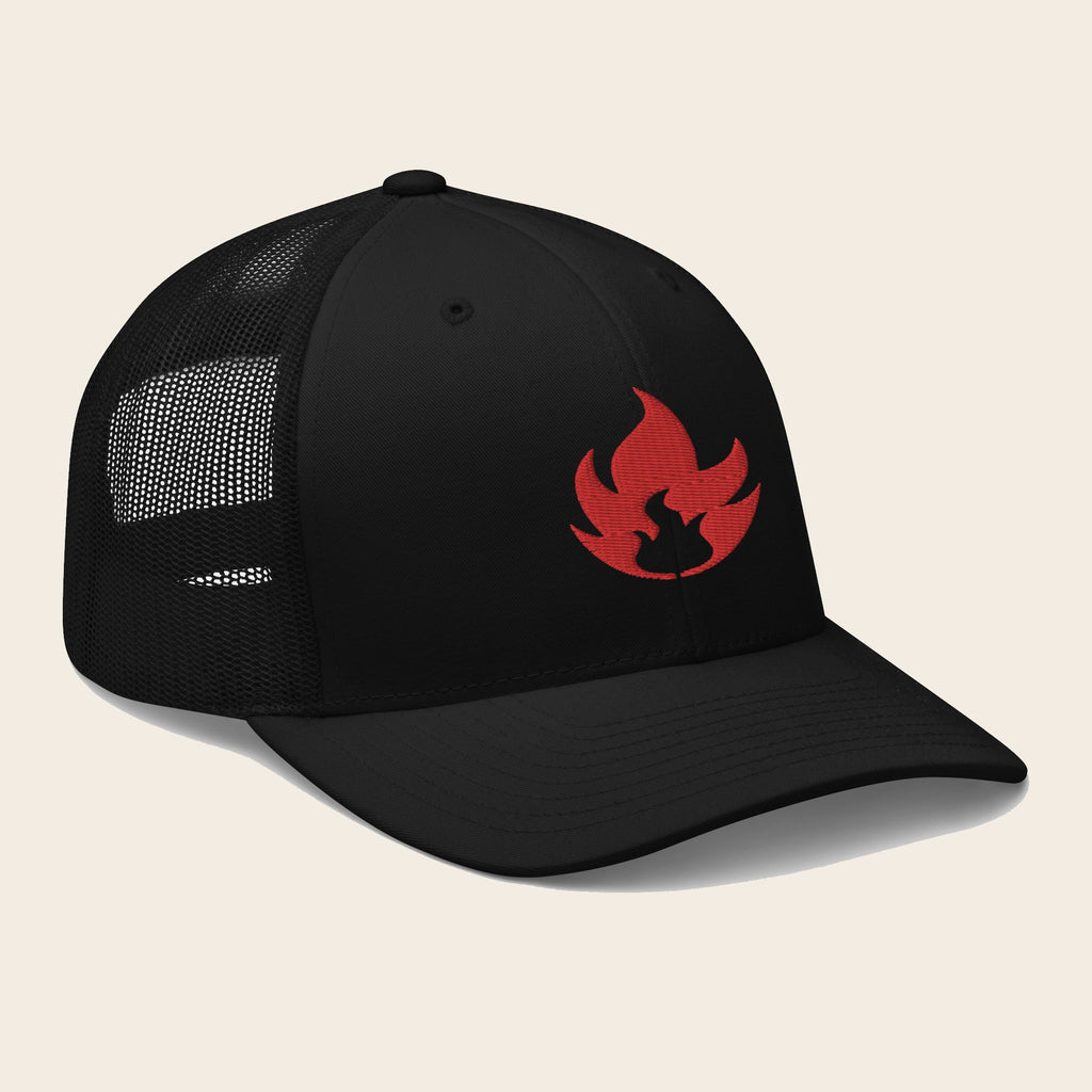 Fire Type Pokemon 3D Embroidered Black with Black Mesh Back Trucker Hat Front Right