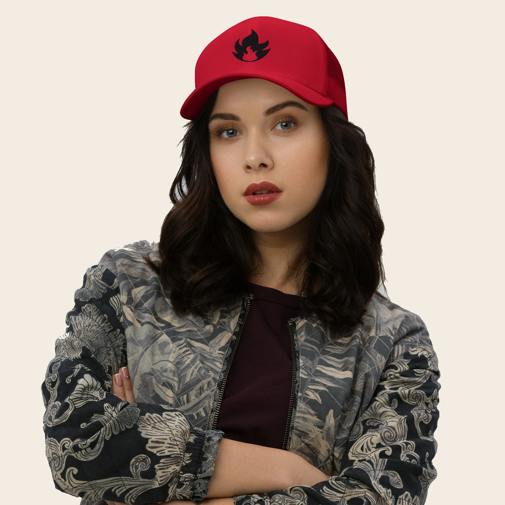 Fire Type Pokemon 3D Embroidered Red with Red Mesh Back Trucker Hat Modeled Woman